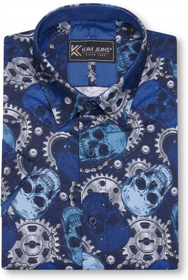 Kam Jeans 6070 Retro Skull Short Sleeve Shirt Navy - Skjorter - Skjorter til store mænd 2XL- 8XL