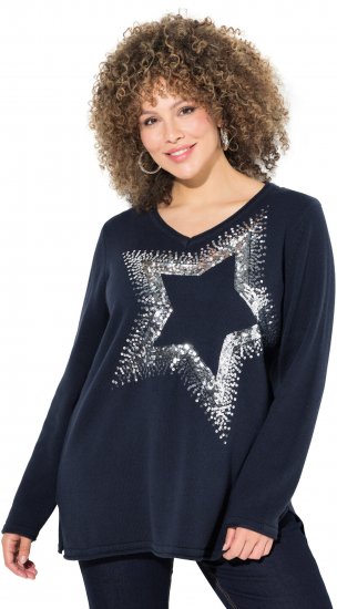 Ulla Popken Sequined Star Rolled Edge Sweater Navy - Hættetrøjer og sweatshirts - Bløde sweatshirts, hoodies & strik