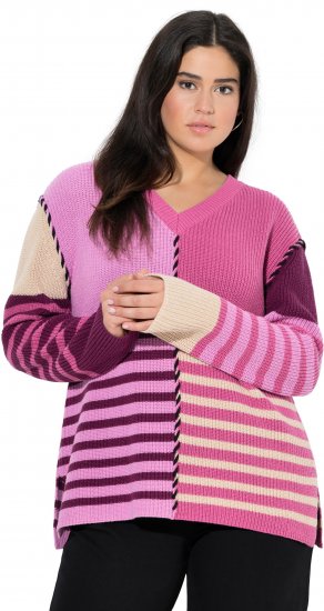 Ulla Popken Patchwork Striped Long Sleeve V-Neck Sweater Raspberry - Hættetrøjer og sweatshirts - 