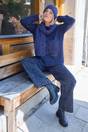 Ulla Popken Textured Glitter Embroidery Oversized Sweater Ink Blue - Hættetrøjer og sweatshirts - 