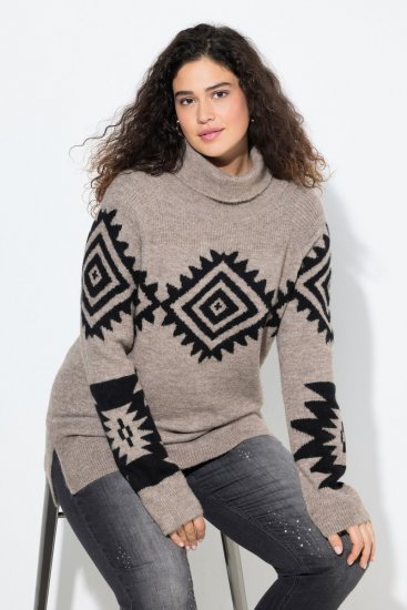 Ulla Popken Aztec Pattern Turtleneck Sweater Pebble Grey - Hættetrøjer og sweatshirts - Bløde sweatshirts, hoodies & strik