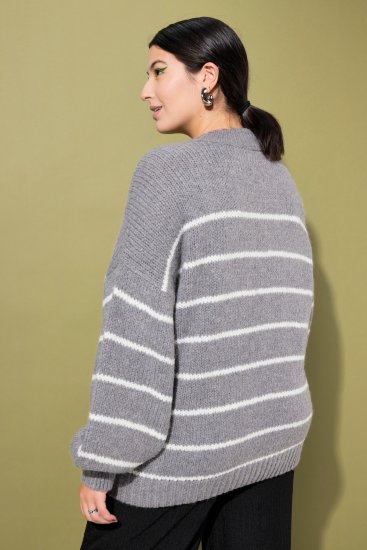 Ulla Popken Oversized Striped Balloon Sleeve Sweater Grey Melange - Hættetrøjer og sweatshirts - 