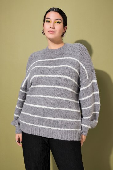Ulla Popken Oversized Striped Balloon Sleeve Sweater Grey Melange - Hættetrøjer og sweatshirts - 