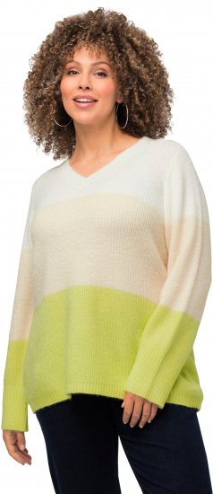 Ulla Popken Block Stripe Long Sleeve V-Neck Sweater Lime Green - Hættetrøjer og sweatshirts - 