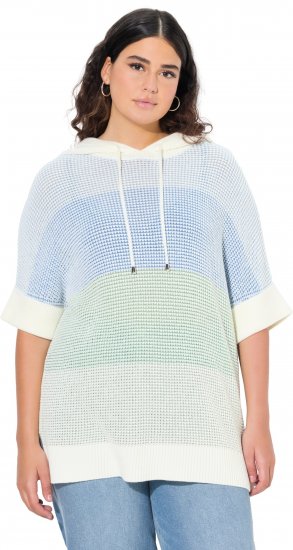 Ulla Popken Block Stripe Hooded Short Sleeve Sweater Mint Green - Hættetrøjer og sweatshirts - 