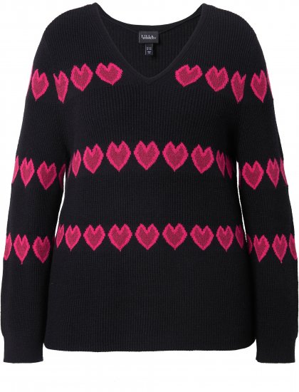 Ulla Popken Heart Print Long Sleeve V-Neck Sweater Black - Hættetrøjer og sweatshirts - Bløde sweatshirts, hoodies & strik