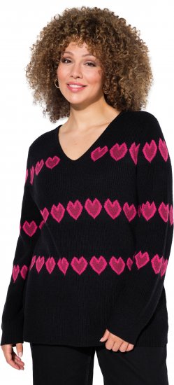 Ulla Popken Heart Print Long Sleeve V-Neck Sweater Black - Hættetrøjer og sweatshirts - Bløde sweatshirts, hoodies & strik