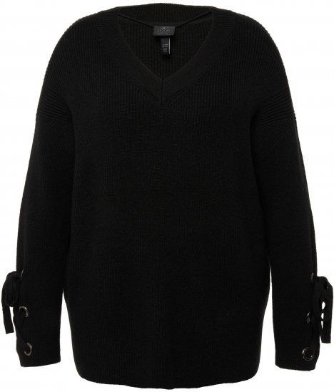 Ulla Popken Lace-Up Cuff Long Sleeve V-Neck Sweater Black - Hættetrøjer og sweatshirts - 