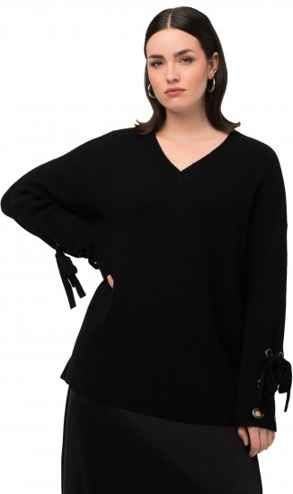 Ulla Popken Lace-Up Cuff Long Sleeve V-Neck Sweater Black - Hættetrøjer og sweatshirts - 