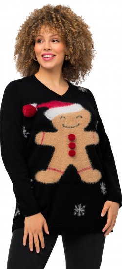 Ulla Popken Gingerbread Man Christmas Sweater Black - Hættetrøjer og sweatshirts - Bløde sweatshirts, hoodies & strik