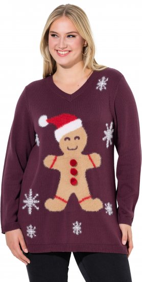 Ulla Popken Gingerbread Man Christmas Sweater Dark Wine Red - Hættetrøjer og sweatshirts - 