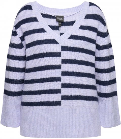 Ulla Popken Split Stripe Long Sleeve V-Neck Sweater Blue Grey - Hættetrøjer og sweatshirts - Bløde sweatshirts, hoodies & strik