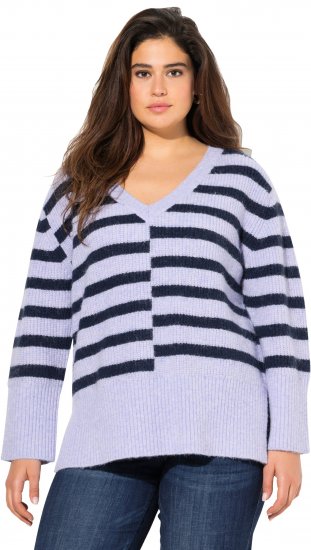 Ulla Popken Split Stripe Long Sleeve V-Neck Sweater Blue Grey - Hættetrøjer og sweatshirts - Bløde sweatshirts, hoodies & strik