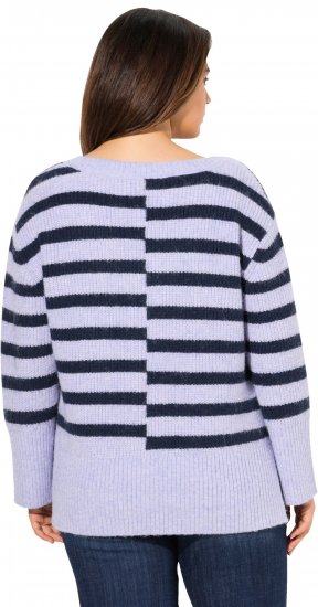 Ulla Popken Split Stripe Long Sleeve V-Neck Sweater Blue Grey - Hættetrøjer og sweatshirts - Bløde sweatshirts, hoodies & strik