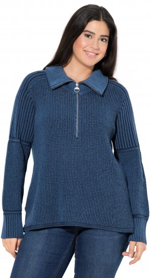 Ulla Popken Two-Tone Mixed Knit Troyer Collar Sweater Navy - Hættetrøjer og sweatshirts - Bløde sweatshirts, hoodies & strik