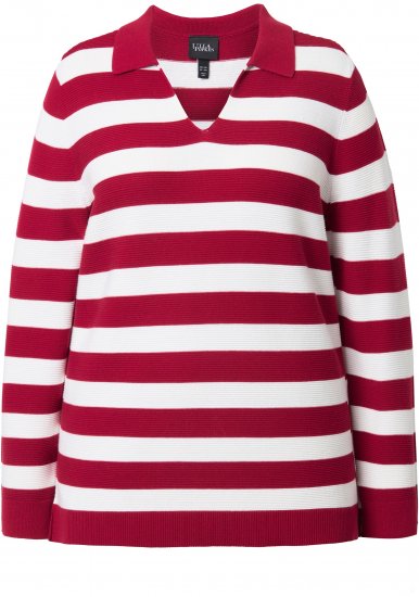 Ulla Popken Striped Polo Collar Long Sleeve Sweater Ruby Red - Hættetrøjer og sweatshirts - Bløde sweatshirts, hoodies & strik