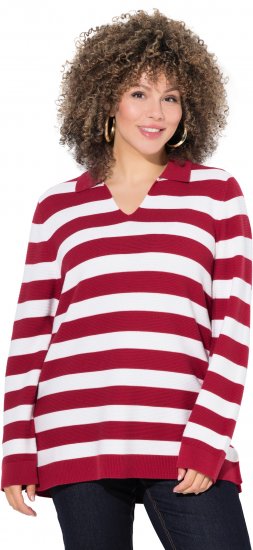 Ulla Popken Striped Polo Collar Long Sleeve Sweater Ruby Red - Hættetrøjer og sweatshirts - Bløde sweatshirts, hoodies & strik