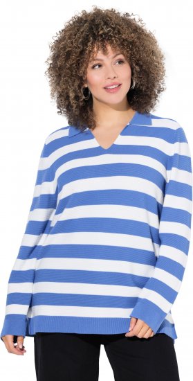 Ulla Popken Striped Polo Collar Long Sleeve Sweater Aegean Blue - Hættetrøjer og sweatshirts - 