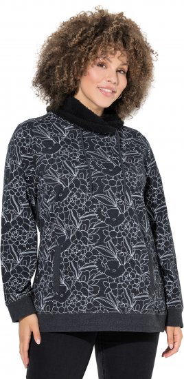 Ulla Popken Teddy Collar Printed Sweatshirt Black - Hættetrøjer og sweatshirts - Bløde sweatshirts, hoodies & strik