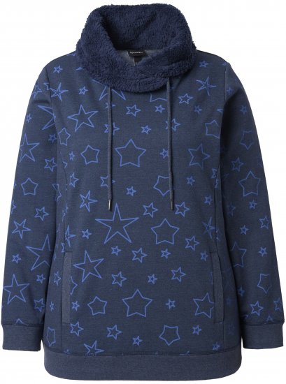 Ulla Popken Teddy Collar Printed Sweatshirt Navy - Hættetrøjer og sweatshirts - Bløde sweatshirts, hoodies & strik