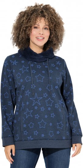 Ulla Popken Teddy Collar Printed Sweatshirt Navy - Hættetrøjer og sweatshirts - Bløde sweatshirts, hoodies & strik