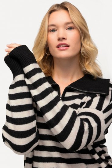 Ulla Popken Striped Troyer Collar Sweater Black - Hættetrøjer og sweatshirts - Bløde sweatshirts, hoodies & strik