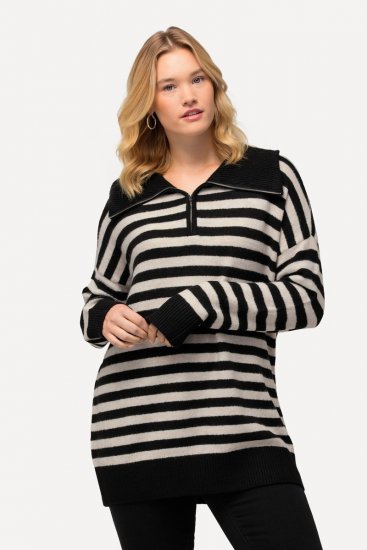 Ulla Popken Striped Troyer Collar Sweater Black - Hættetrøjer og sweatshirts - Bløde sweatshirts, hoodies & strik