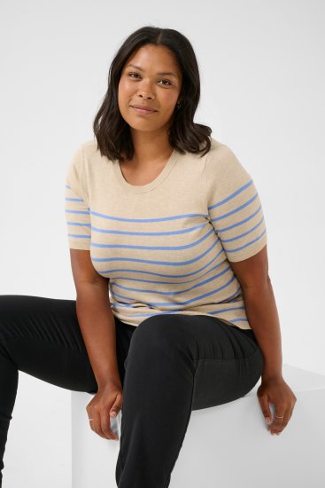 Kaffe Curve Lizzy Stribet striktrøje Beige/Blå - Trykte T-shirts til kvinder - 