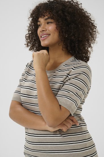 Kaffe Curve Lizzy Stribet striktrøje Beige/Sort - Trykte T-shirts til kvinder - 
