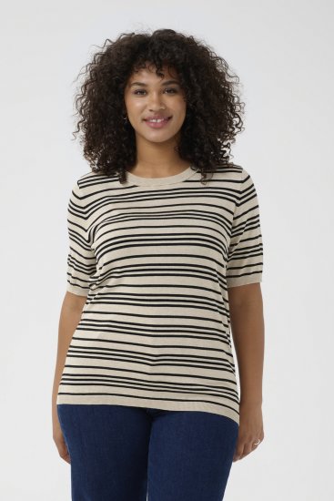 Kaffe Curve Lizzy Stribet striktrøje Beige/Sort stribet - Trykte T-shirts til kvinder - 