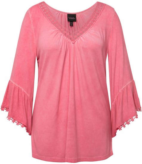 Ulla Popken Trumpet Sleeve Cold Dyed Tee Dark Pink - Trykte T-shirts til kvinder - 