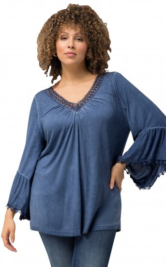 Ulla Popken Trumpet Sleeve Cold Dyed Tee Dove Blue - Trykte T-shirts til kvinder - 