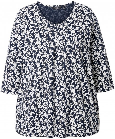 Ulla Popken Floral 3/4 Sleeve V-Neck A-Line Tee Navy - T-shirts - T-shirts til kvinder