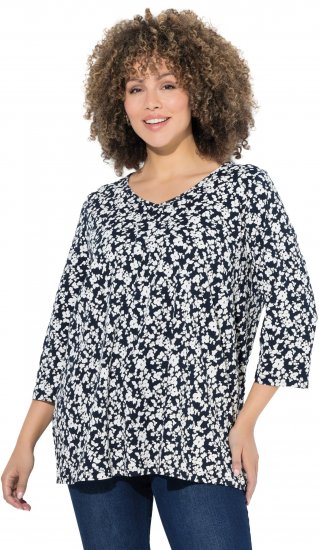 Ulla Popken Floral 3/4 Sleeve V-Neck A-Line Tee Navy - T-shirts - T-shirts til kvinder
