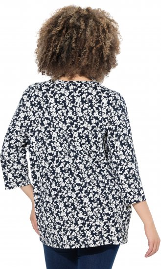 Ulla Popken Floral 3/4 Sleeve V-Neck A-Line Tee Navy - T-shirts - T-shirts til kvinder