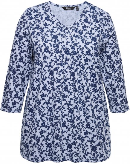 Ulla Popken Floral 3/4 Sleeve V-Neck A-Line Tee Blue - T-shirts - T-shirts til kvinder