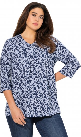 Ulla Popken Floral 3/4 Sleeve V-Neck A-Line Tee Blue - T-shirts - T-shirts til kvinder