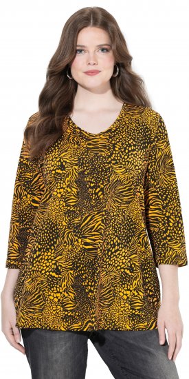Ulla Popken Animal Print 3/4 Sleeve V-Neck Tee Neon Orange - T-shirts - T-shirts til kvinder