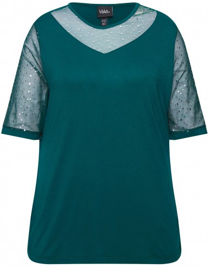 Ulla Popken Sequined Mesh Sleeve Blouse Dark Green - T-shirts - T-shirts til kvinder