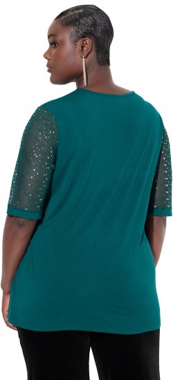 Ulla Popken Sequined Mesh Sleeve Blouse Dark Green - T-shirts - T-shirts til kvinder
