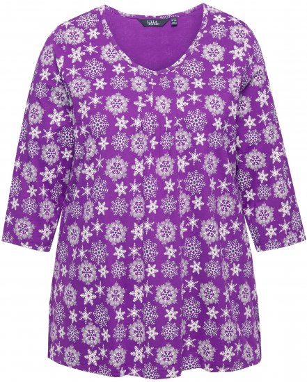 Ulla Popken Snowflake Print 3/4 Sleeve A-Line Tee Dark Purple - Trykte T-shirts til kvinder - 