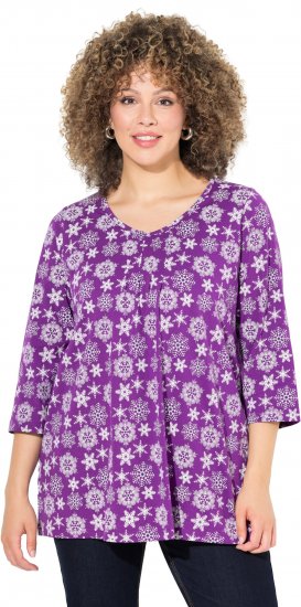 Ulla Popken Snowflake Print 3/4 Sleeve A-Line Tee Dark Purple - Trykte T-shirts til kvinder - 
