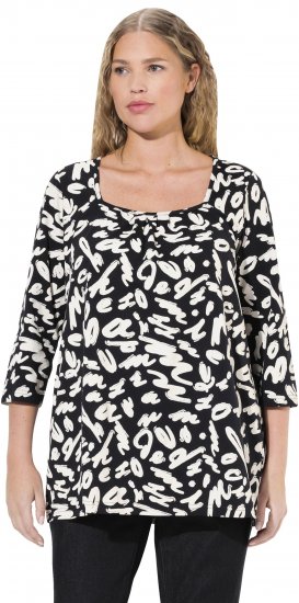 Ulla Popken Scribble Print Square Neck 3/4 Sleeve Tee Black - Trykte T-shirts til kvinder - 