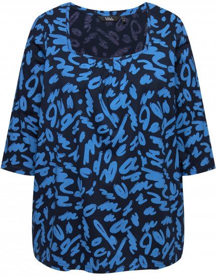 Ulla Popken Scribble Print Square Neck 3/4 Sleeve Tee Navy - Trykte T-shirts til kvinder - Printede T-shirts til Damer