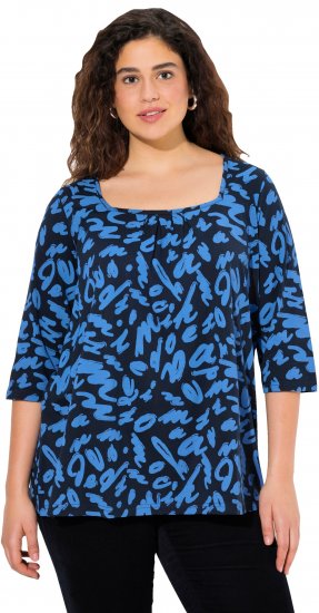 Ulla Popken Scribble Print Square Neck 3/4 Sleeve Tee Navy - Trykte T-shirts til kvinder - Printede T-shirts til Damer