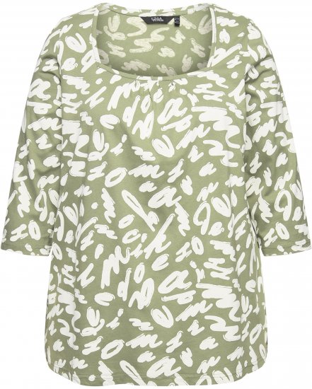 Ulla Popken Scribble Print Square Neck 3/4 Sleeve Tee Sage Green - Trykte T-shirts til kvinder - 