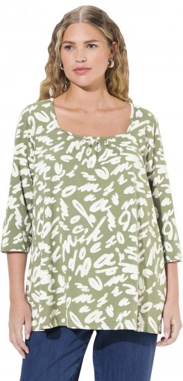 Ulla Popken Scribble Print Square Neck 3/4 Sleeve Tee Sage Green - Trykte T-shirts til kvinder - 