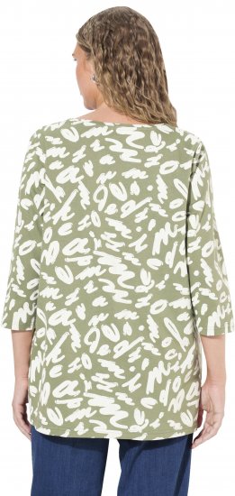 Ulla Popken Scribble Print Square Neck 3/4 Sleeve Tee Sage Green - Trykte T-shirts til kvinder - 