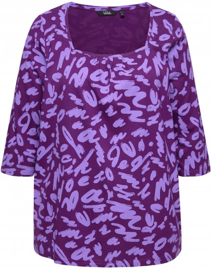 Ulla Popken Scribble Print Square Neck 3/4 Sleeve Tee Violet - Trykte T-shirts til kvinder - 