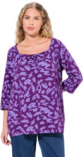 Ulla Popken Scribble Print Square Neck 3/4 Sleeve Tee Violet - Trykte T-shirts til kvinder - 